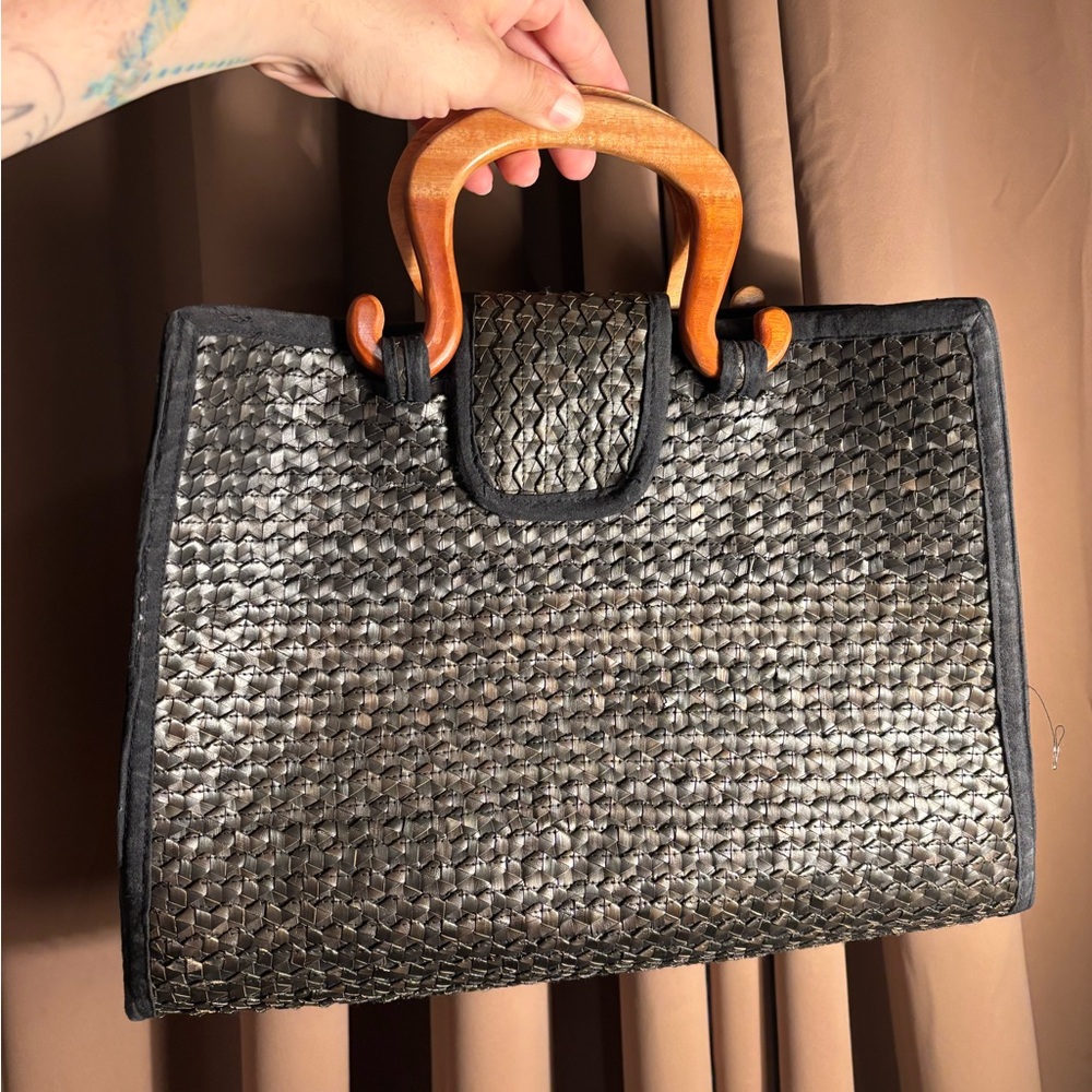 Black Woven Handbag with Wooden Handles